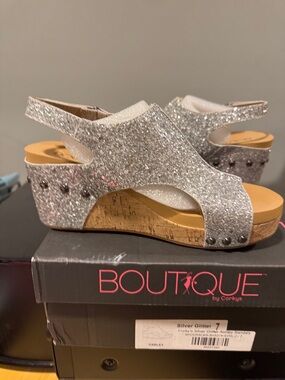 Corkys Silver Glitter Wedge Sandals with Cork-Look Platform